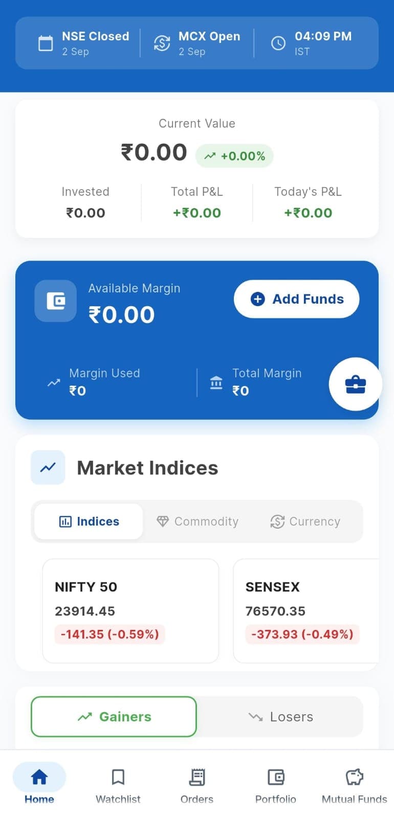 PocketX home screen: a strip showing NSE closed and MCX open at 4:09 PM IST, a portfolio card with current value and profit and loss, and a margin card with an Add Funds button.