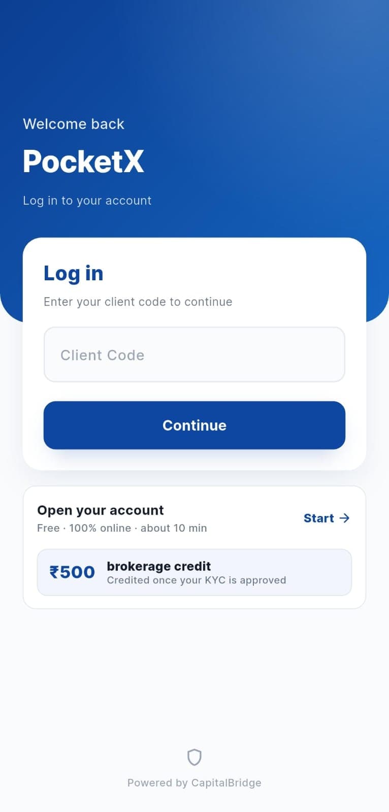 PocketX login screen: a client code field with a Continue button, and below it a card offering to open an account in about ten minutes with a ₹500 brokerage credit on KYC approval.