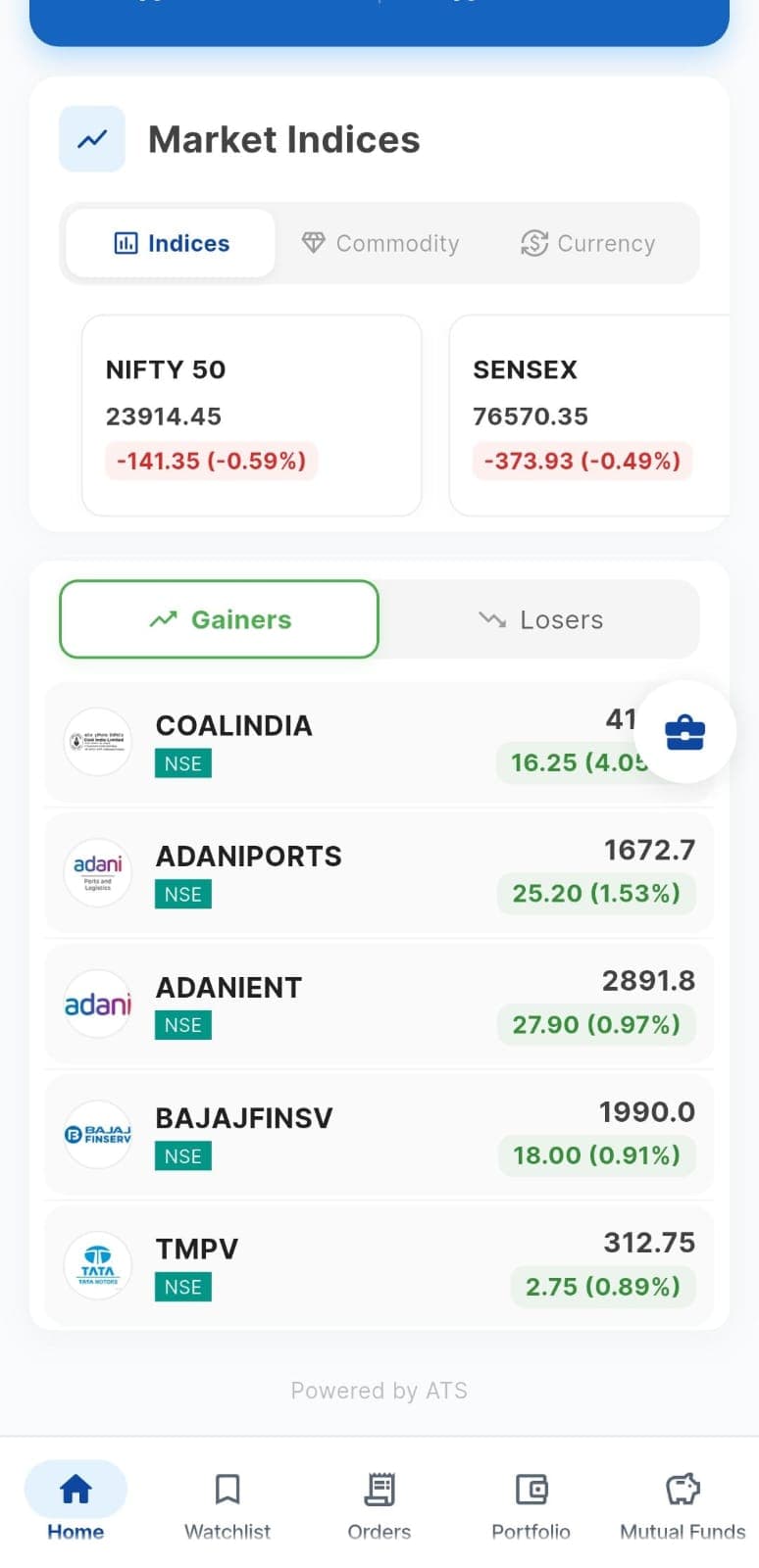 PocketX market indices section: NIFTY 50 and SENSEX cards, a gainers and losers switch, and a list of NSE gainers with their last price and change.