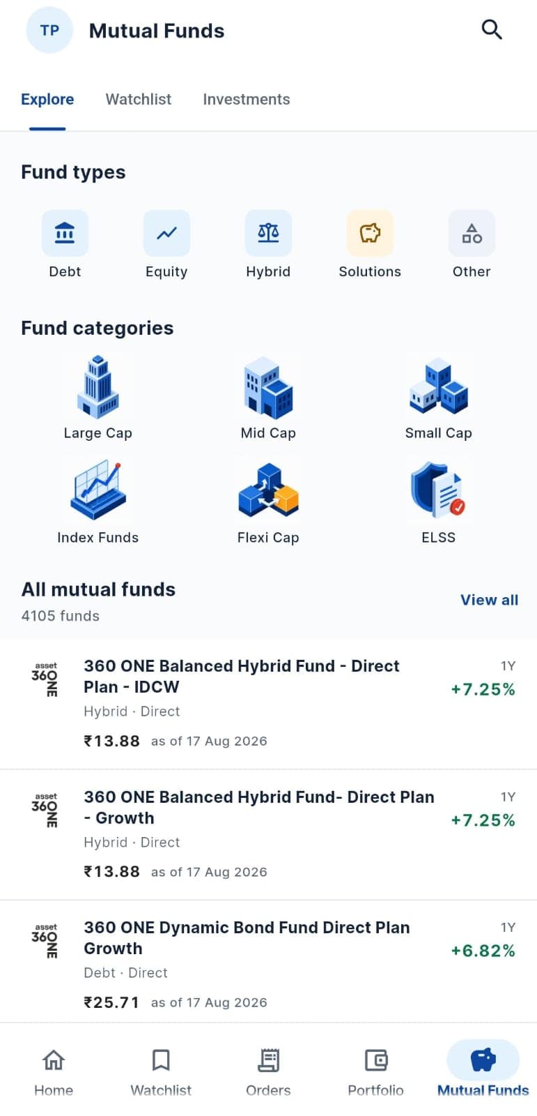 PocketX mutual funds screen: Explore, Watchlist and Investments tabs, fund type and category tiles, and a list of direct plans each showing its NAV and one-year return.